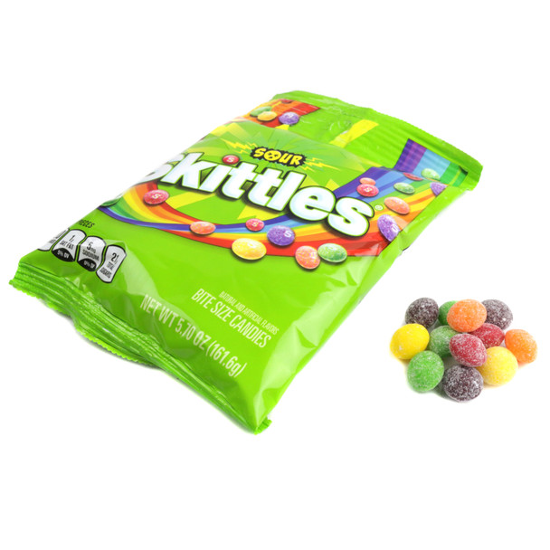 Sour Skittles 5.7oz bag, rainbow of sour strawberry, lime, lemon, orange, grape candies.