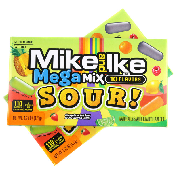 Front view of a single Mike and Ike Mega Mix Sour Theater Box, highlighting the bold graphics for the ten mouth-puckering sour fruit flavors