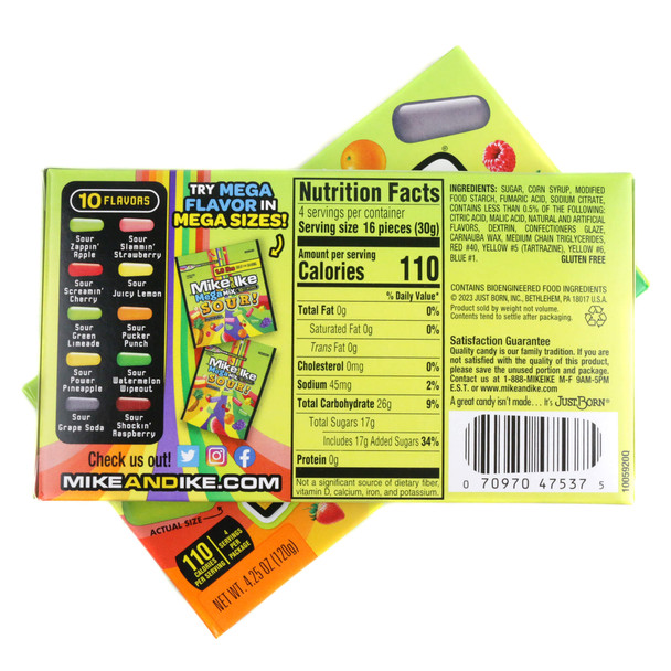 The back of a Mike and Ike Mega Mix SOUR Theater Box, showing the nutrition facts panel, ingredients list, and allergen safety information