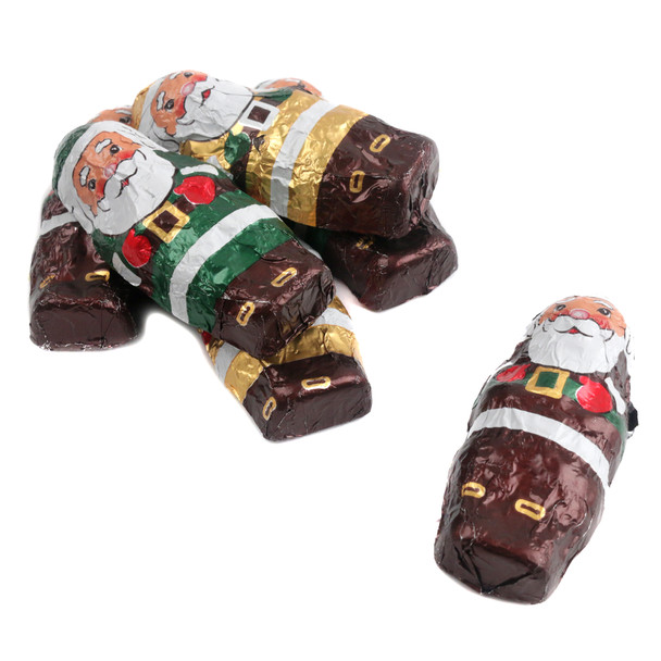 Madelaine miniature dark chocolate Santas, foil-wrapped with bright, smiling red and white faces, 50 per pound.