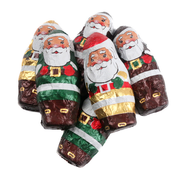 Miniature dark chocolate foil-wrapped Santas, festive foil, smiling Santa faces, approx. 50 per pound.