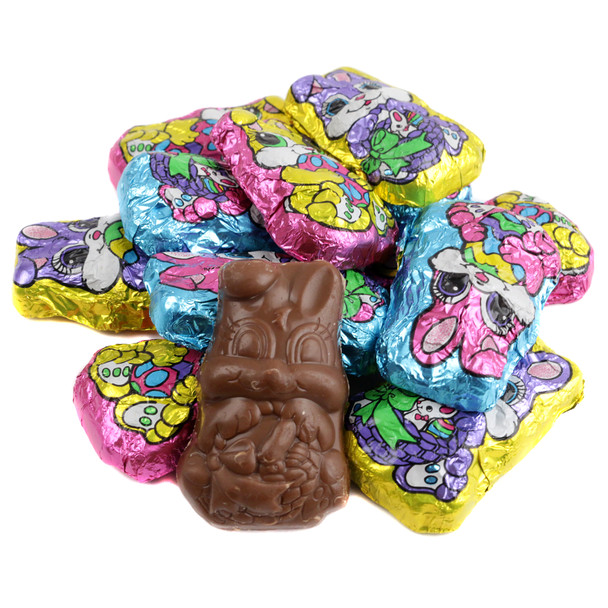 Palmer Bright Chocolate Easter Bunnies, individually wrapped in colorful foils, approx. 45 per pound.