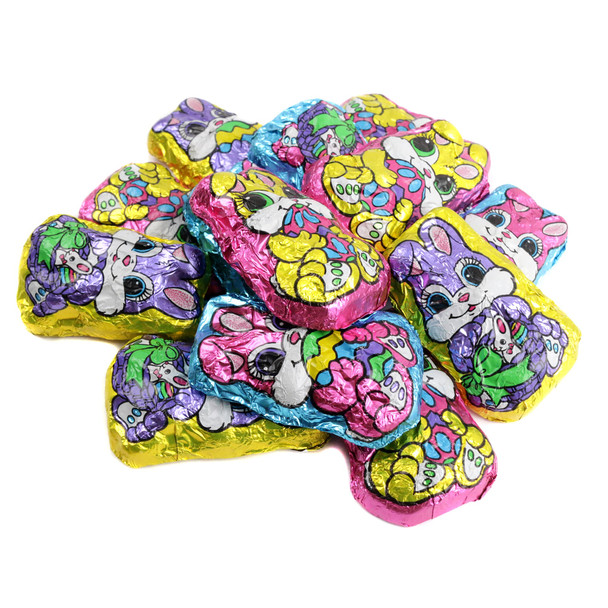 Palmer Bright Chocolate Easter Bunnies, individually wrapped in colorful foils, approx. 45 per pound, for Easter baskets.