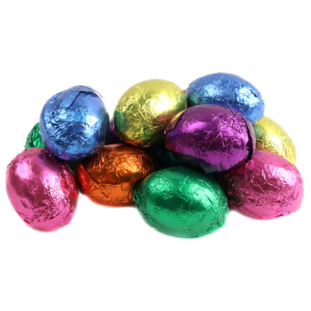 Dark Chocolate Easter Eggs, vibrant jewel-tone double-sided Italian foil wrapped, approx 63 per pound.