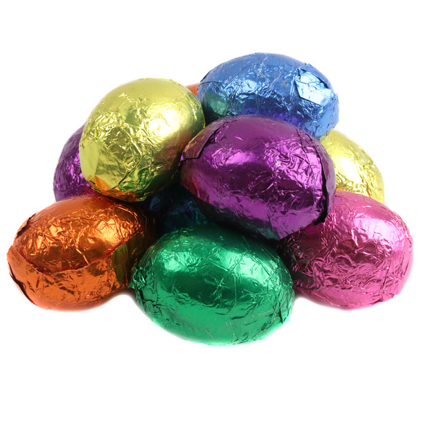 Vibrant jewel-tone foil wrapped dark chocolate Easter eggs, approx 63 per lb, Madelaine Chocolate, USA.