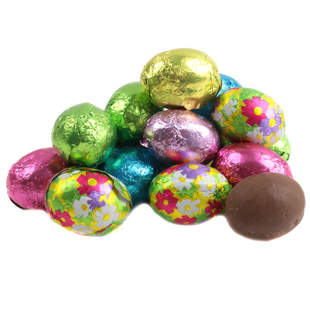 Vibrant 1-inch Milk Chocolate Easter Eggs, solid chocolate, wrapped in diverse solid & floral foil colors, 63 per pound.