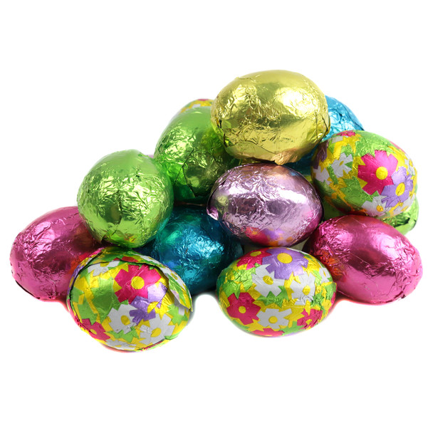 Milk chocolate Easter eggs, solid 1-inch eggs, assorted colorful solid and floral foil wrappers. About 63 per pound.