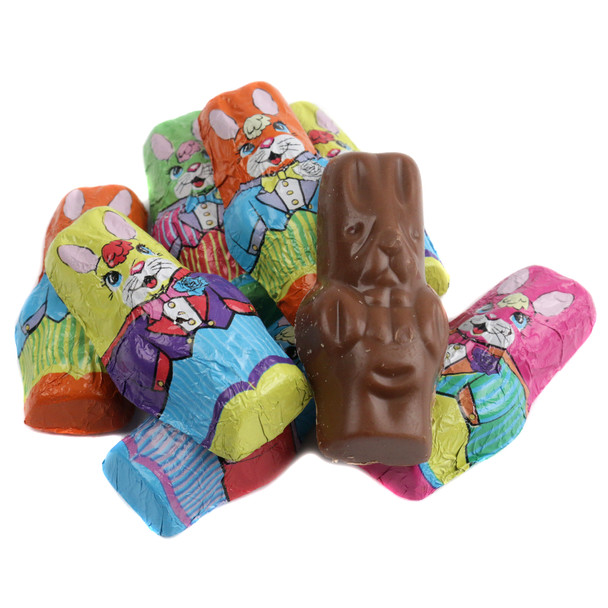 Madelaine Milk Chocolate Bunnies, bite-sized solid, 52 per pound, wrapped in colorful tuxedo foils, perfect for Easter.