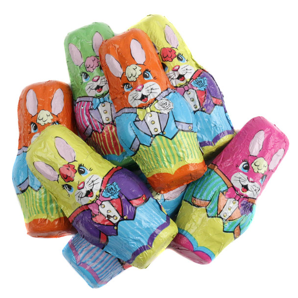 Madelaine Milk Chocolate Bunnies, approx 52 solid bite-sized treats per pound, colorful tuxedo foils for Easter.