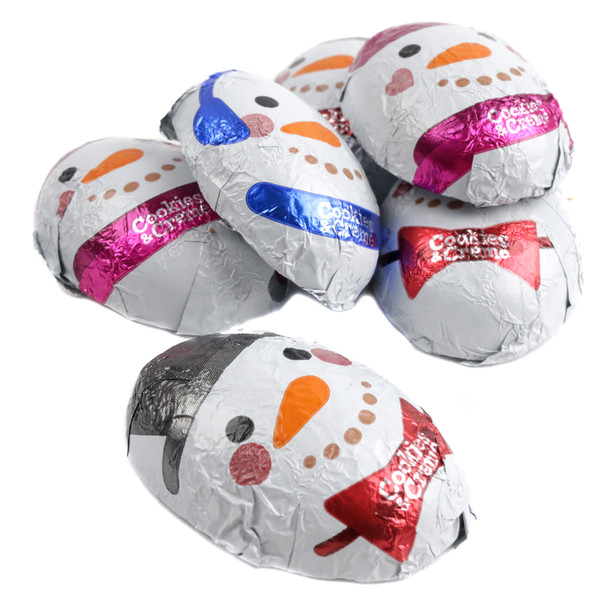 Palmer Cookie & Cream Snowmen Candy, 48 pieces per lb. White & brown chocolate, cute foil-wrapped snowman shapes, Christmas treat.