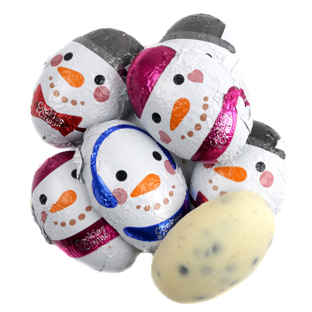 Palmer Cookie and Cream Snowmen Candy, creamy white and dark cookie bits, individually foil-wrapped snowmen, ~48 pieces/lb.