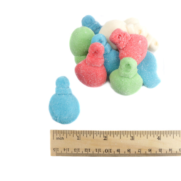Assorted green, white, blue, red gummy Christmas ornaments, 1 1/2" each, approximately 65 pieces per pound.