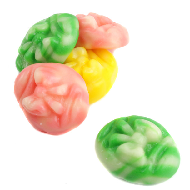 Gummy Swirly Eggs, pastel pink, green, blue, yellow Easter candy. Soft, chewy, strawberry flavor. Approx 45 pcs/lb.