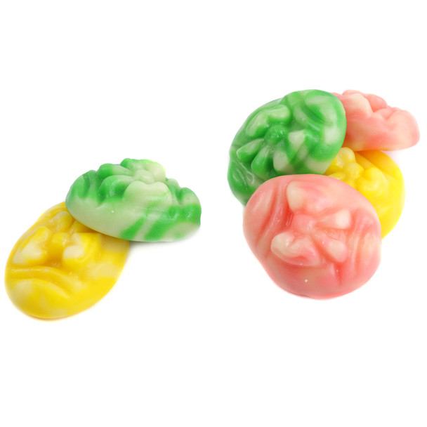 Pastel pink, green, blue, yellow Gummy Swirly Eggs. Sweet strawberry flavor, approximately 45 pieces per pound. Easter candy.