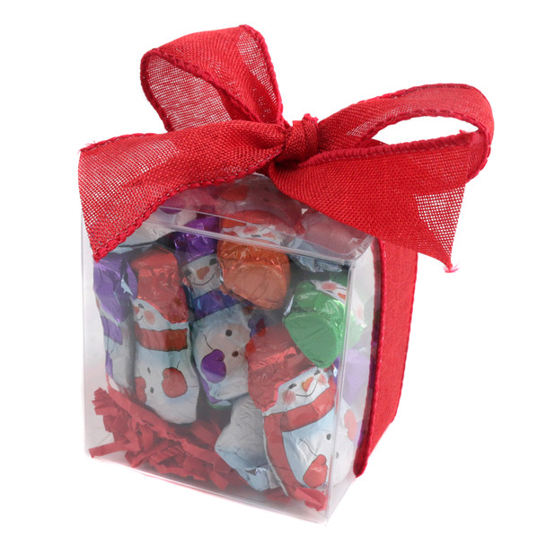 1/2 lb Madelaine solid milk chocolate snowmen in a treat cube with a festive holiday bow.