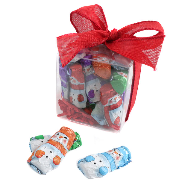 1/2 lb Madelaine solid milk chocolate snowmen in a treat cube, tied with a festive bow, holiday gift.