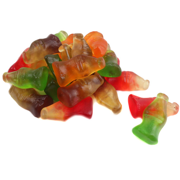 Gummy Soda Pop Mix bottles, 130 per pound. Assorted orange, lemon-lime, cola, grape colors and flavors.