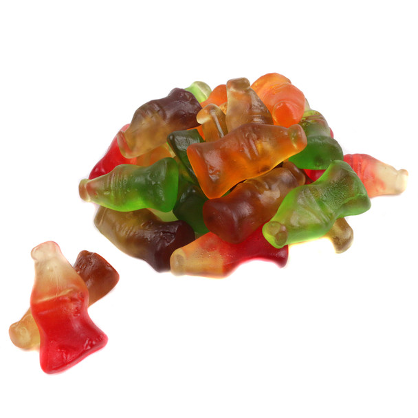 Vibrant Gummy Soda Pop Mix candy. Orange, lemon-lime, cola, grape flavored 1.5" tall bottles, 130 per pound.