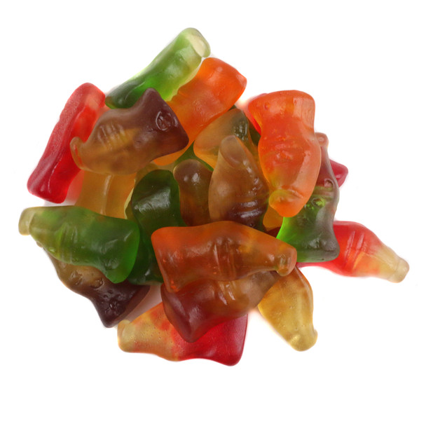 Colorful Gummy Soda Pop Mix, approx 130 orange, lemon-lime, cola, grape gummy bottles per pound, each 1.5" tall.
