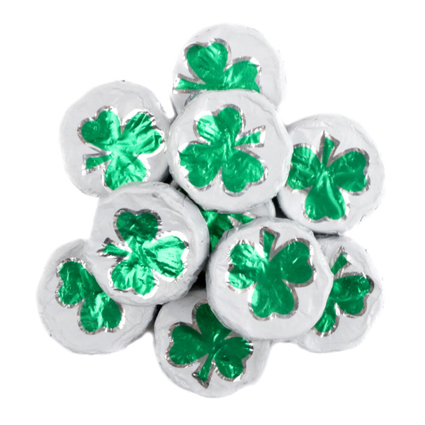 Solid milk chocolate discs, white foil with bright green shamrocks. Approx 55 per pound, St. Patrick's Day candy.
