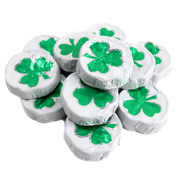 Solid milk chocolate shamrocks, white foils with bright green shamrock design, approx 55 per pound for St Patricks Day.
