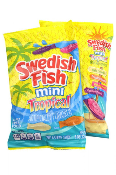 8oz bag of colorful Tropical Swedish Fish, mini chewy candies in Pina Colada, Tropical Island, Beachy Punch, and Passion Fruit flavors.