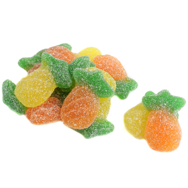 Yellow, orange, green gummy sour pineapples, pineapple-shaped candy with a sour sugar coating, approx 75 per pound.