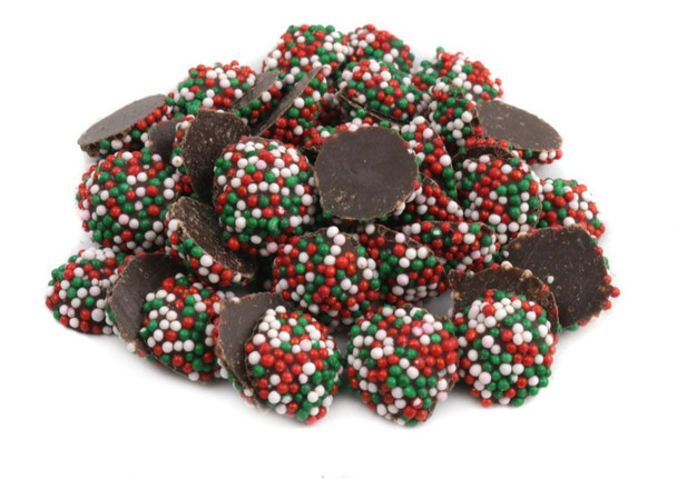 Petite dark chocolate Christmas nonpareils, red, white, green sprinkles, 800 pieces per pound, bulk unwrapped.