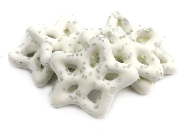 White snowflake yogurt pretzels, shimmering silver sprinkles. Approx. 50 pieces per pound, festive holiday candy.