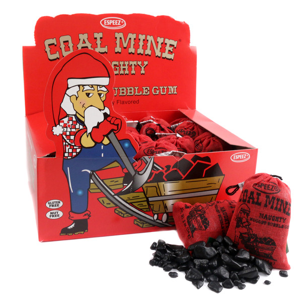 24 pack Coal Mine Bubble Gum, black fruity 'coal' nuggets in re-sealable burlap pouches, Christmas stocking stuffer candy.