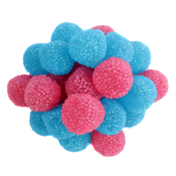 Vibrant 2.2lb blue & pink bubble gum berries candy, bite-sized, covered in nonpareils, for baby showers.