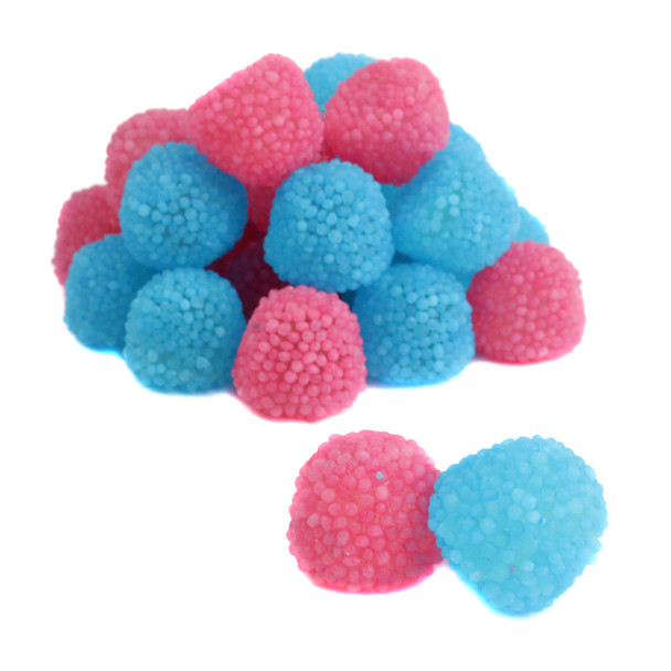 2.2lb vibrant pink and blue nonpareil-covered bubble gum flavored berries, bite-sized for baby showers.