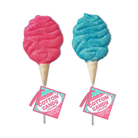 6 pink and blue cotton candy lollipops, lightly sanded with sugar, individually wrapped, Made in USA.