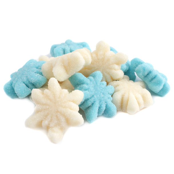 Icy-blue gummy glitter snowflakes, sparkling sugar coating, intricate winter shapes, Vidal fruity candy.