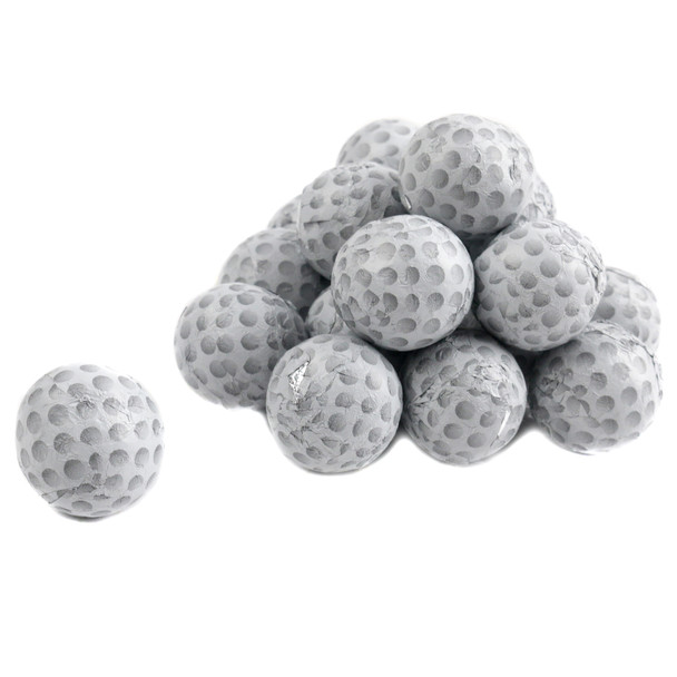 Madelaine white foil-wrapped miniature milk chocolate golf balls, 3/4 inch, approx 65 pieces per pound.