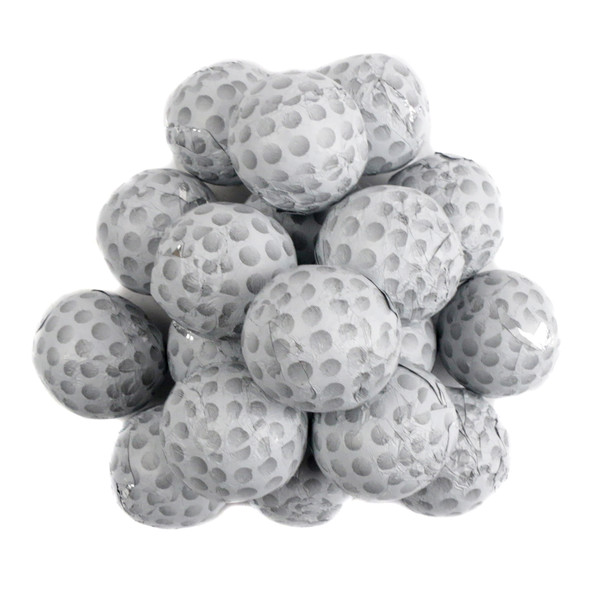 Madelaine Chocolate Golf Balls, white foil, pure milk chocolate, miniature golf ball shape, approx 65 per pound.