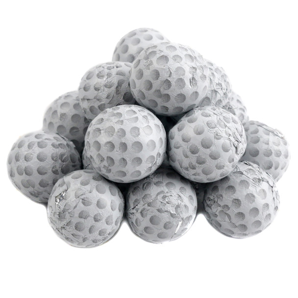 Madelaine Chocolate Golf Balls, white foil wrapped pure milk chocolate, approx 65 golf balls per pound.