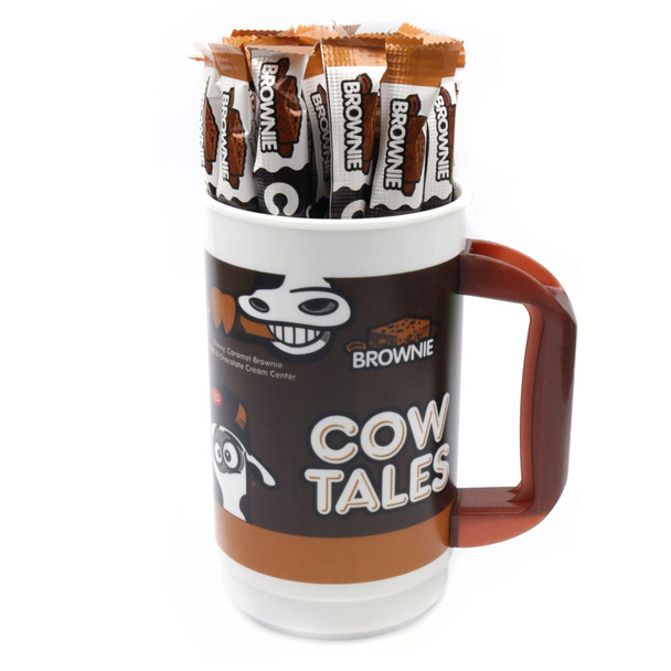 Limited Edition Goetze's Chocolate Brownie Cow Tales, 100 count tumbler. Individually wrapped brown caramel candy.