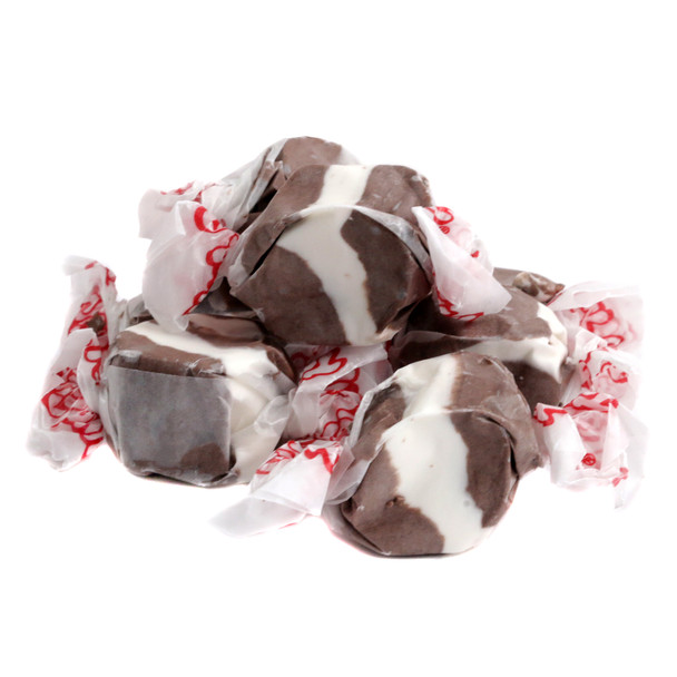 Salt Water Taffy Cookies & Cream, approx 65 brown and white pieces per pound, soft, creamy, Nut-Free, Gluten-Free.
