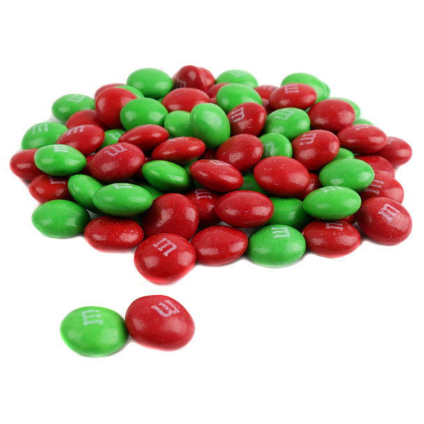 Bright red and green Christmas M&Ms, approximately 500 chocolate candies per pound for holiday celebrations.