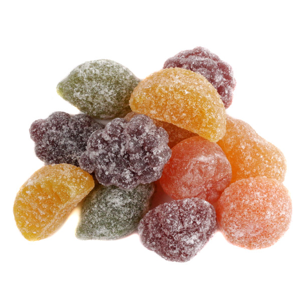 Gustaf's Fruit Pastilles, colorful sugar-coated chewy candies. Black currant, lemon, strawberry, lime, orange flavors. 50 pcs/lb.