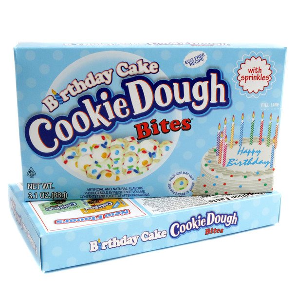 Cookie Dough Bites Birthday Cake 12-pack candy. White frosted morsels with colorful sprinkles.