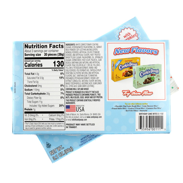 12-pack Birthday Cake Cookie Dough Bites, small morsels with creamy white frosting, topped with colorful sprinkles.