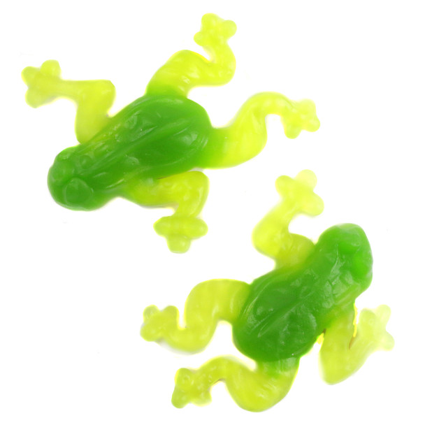 Giant Gummy Bullfrogs, green fruity tops, white marshmallowy bottoms. Approx 13 frogs per pound, 3 inches each.
