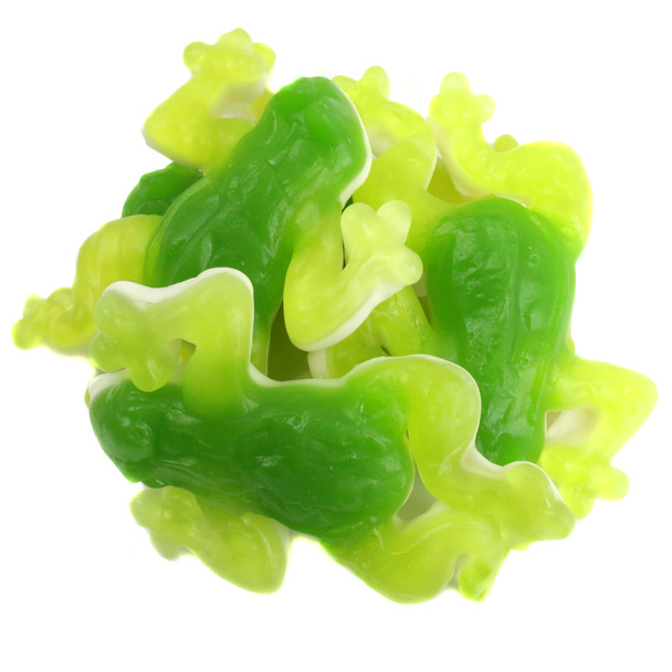 Giant Gummy Bullfrogs candy, 3-inch, with vibrant green fruity tops and soft white marshmallowy bottoms.