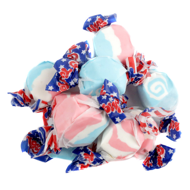 Individually wrapped red, white, blue Salt Water Taffy Stars & Stripes, blueberry, cherry, strawberry flavors, approx. 60 pieces/lb.