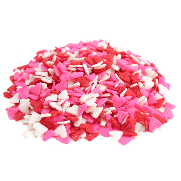 Red, white, pink heart-shaped Valentine's Day sprinkles, perfect for cookies, baked goods, desserts.