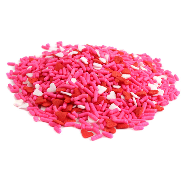 Valentine Hearts and Sprinkle Mix. Soft pink sprinkles, small red, white heart candies for festive desserts.