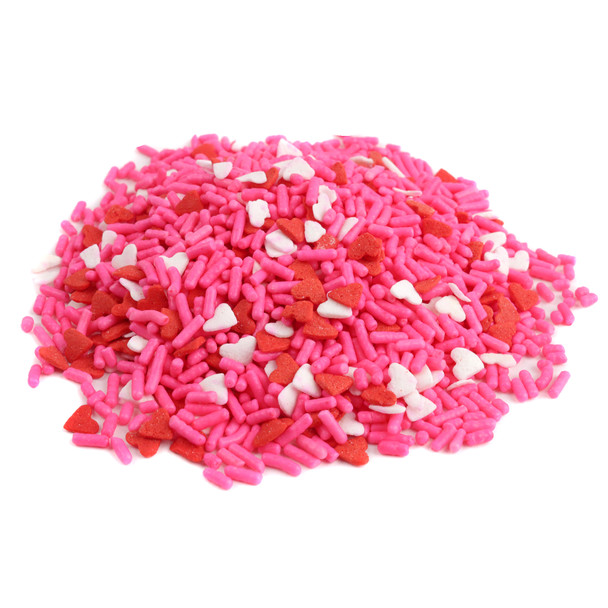 Soft pink sprinkles mixed with small red and white Valentine hearts, perfect for baking and dessert topping.