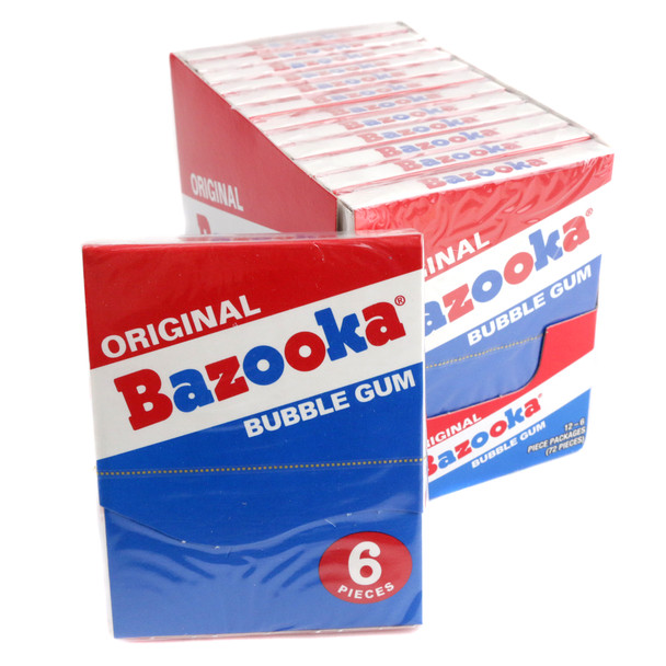 Bazooka Throwback Original bubble gum, 12 pack box, red, blue, white 1980s graphics, classic comics, 5 sticks per wallet.